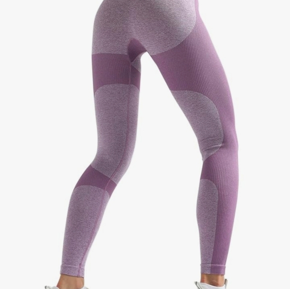 Lilac Two Tone High Waisted Compression Tummy Control Athletic Yoga Leggings - Picture 3 of 11